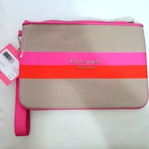 Kate Spade Stripe Logo Canvas Pouch Wristlet New